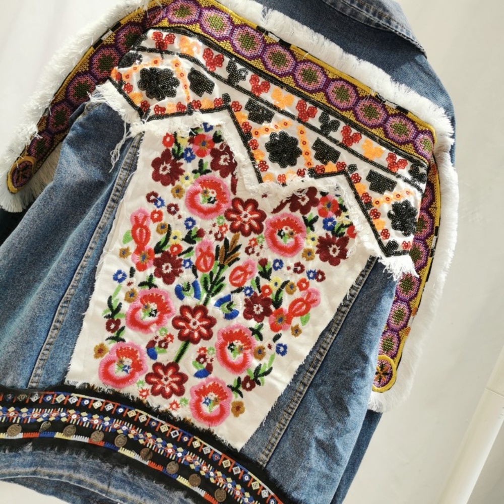 Boho Denim Blue Floral Embroidered Jean Jacket - Picture 10 of 14